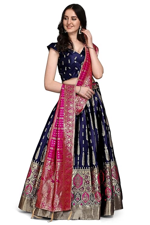 PURVAJA Women's Faux Silk Jacquard Semi-Stitched Embroidered Fabric Lehenga Choli 2