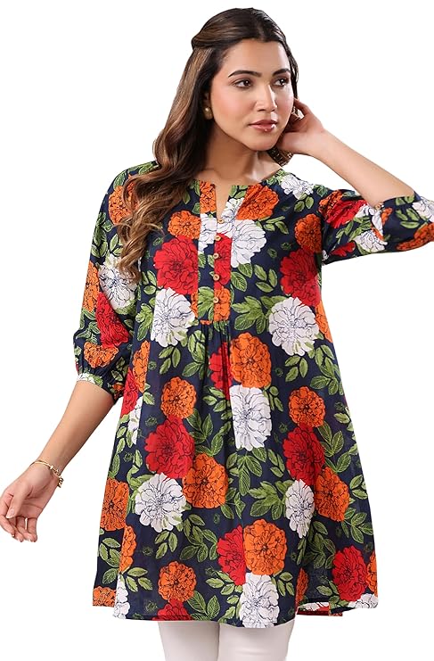 Janasya Women's Pure Cotton Floral Printed A-Line Tunic
