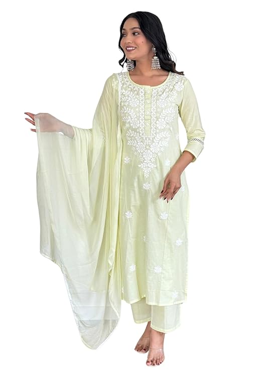 Naixa Women's Cotton Embroidered Straight Kurta with Pant and Dupatta Sets (Available in Plus Size) (NX-572)