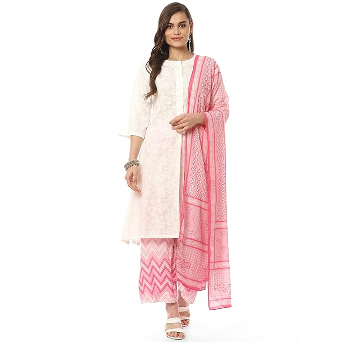 BIBA WOMEN PRINTED STRAIGHT SALWAR KURTA DUPATTA(SKD8052_WHT/PNK_40)