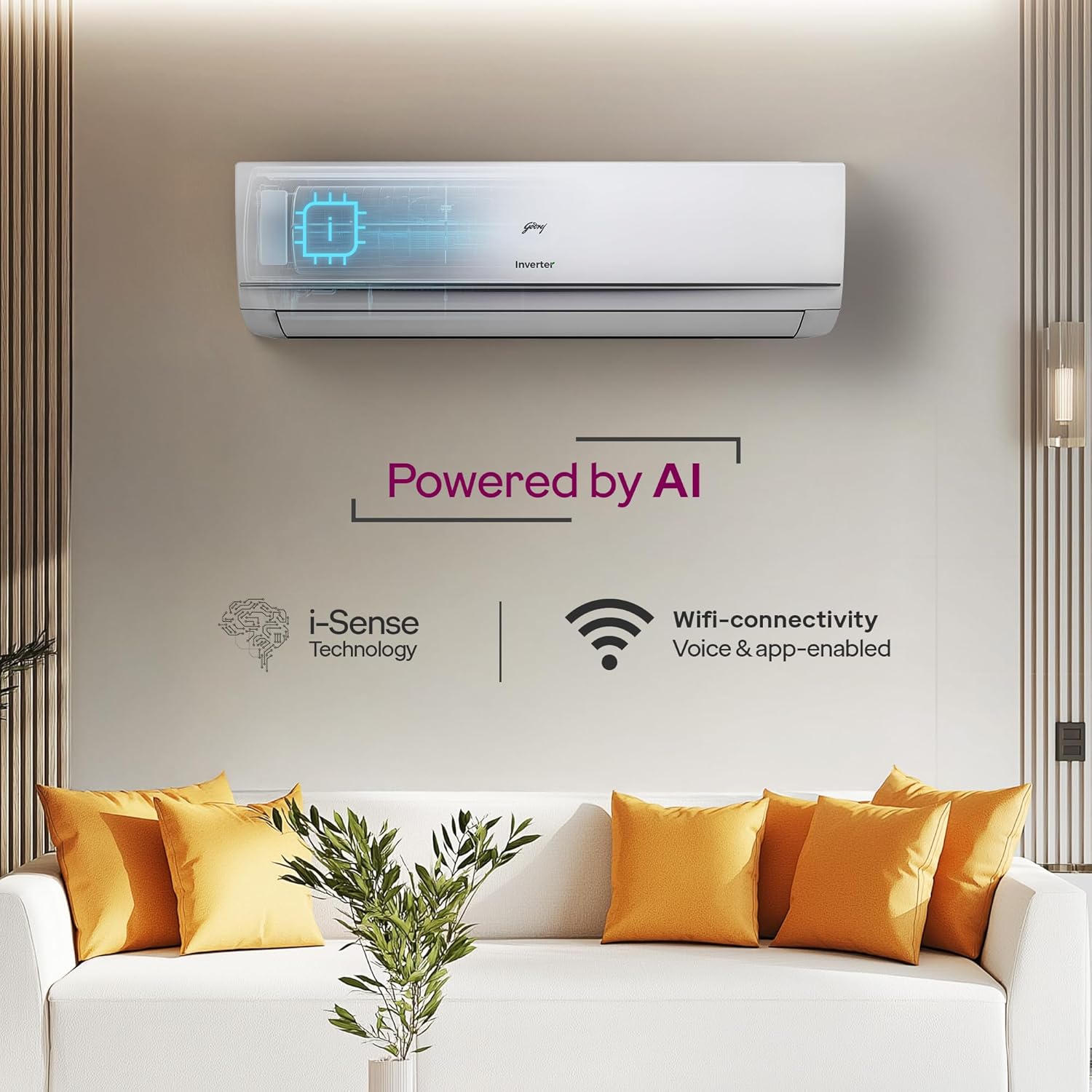 Godrej 1 Ton 3 Star, Wi-Fi, AI Powered, 5 Years Comprehensive Warranty, 5-In-1 Convertible Cooling, 4 Way Air Swing, Inverter Split AC (Copper, 2025 Mode, AC 1T EI 12TINV3R32 WYQ IOlT, White) 3